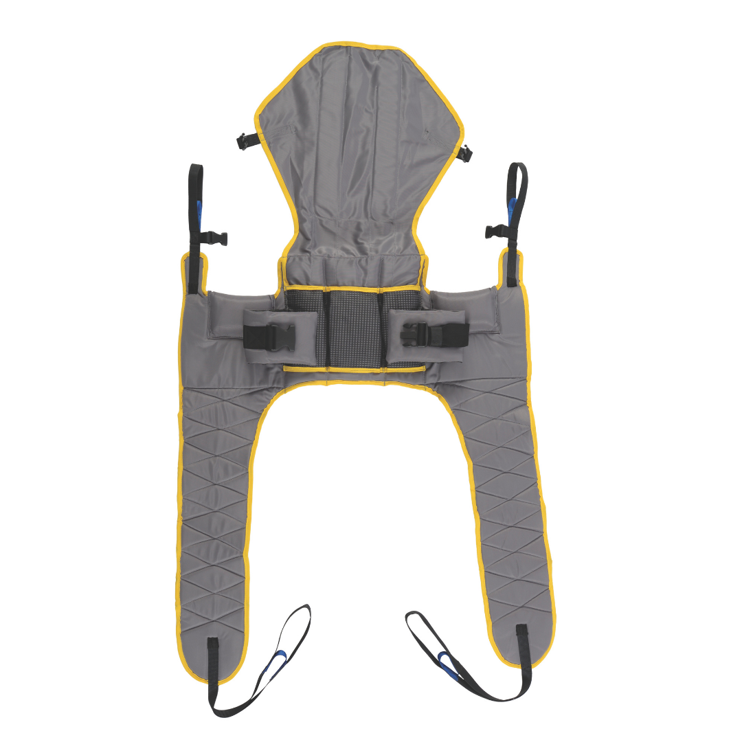 The Hoyer® Padded Access Loop Style Toileting Sling with Head Support is a gray and yellow sling featuring leg straps and black securing belts, designed for safe patient transfers and mobility assistance with Hoyer lifts.